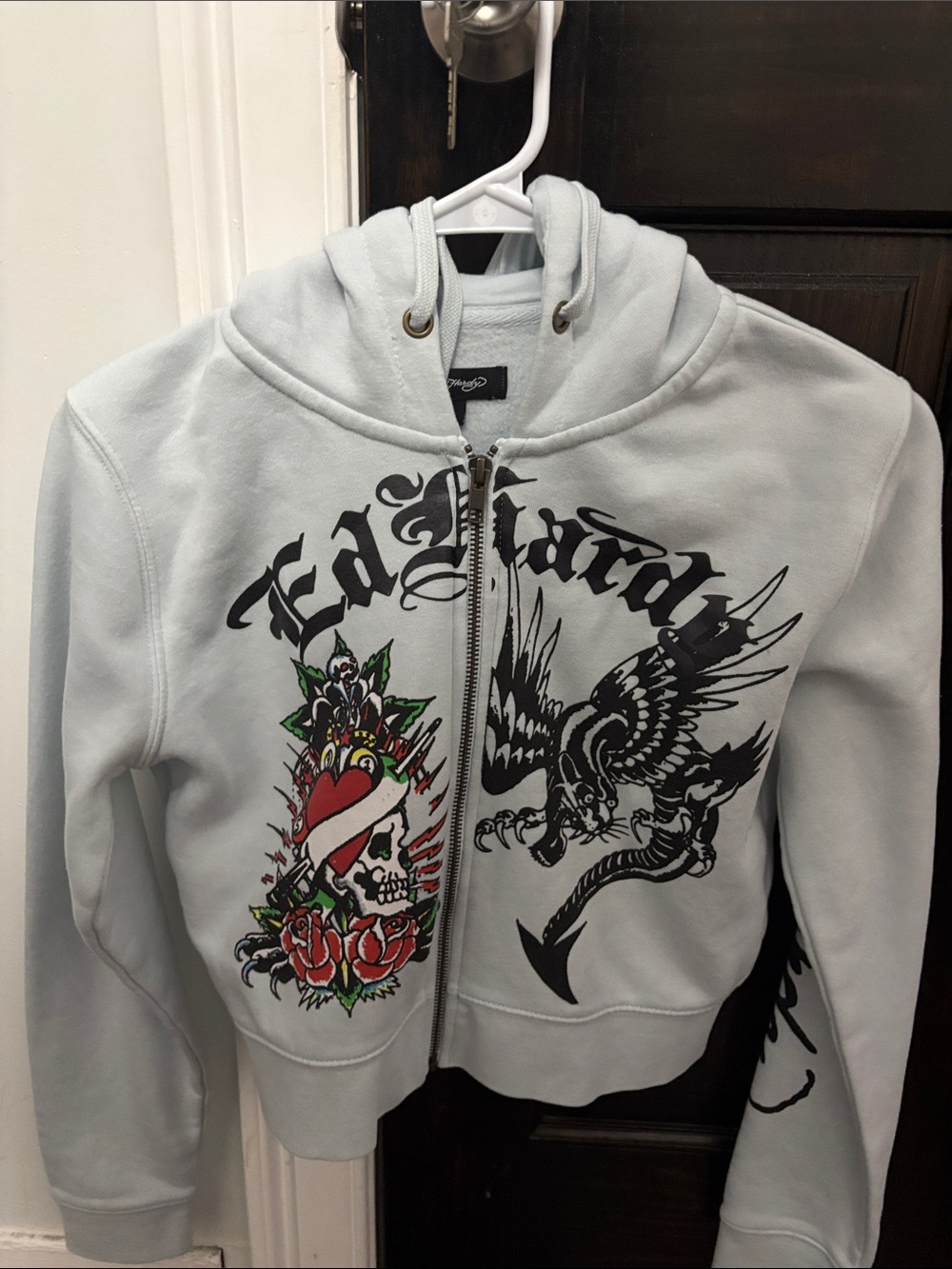 Ed Hardy Light Gray Zip-Up Hoodie with Black Graphic and Red Accents